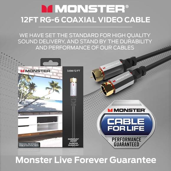 Monster Essentials RG-6 Coaxial Video Cable - 16.4 FT with  Monster Essentials Coaxial Video Cable - RG-6 Coax Cable Featuring Gold-Plated